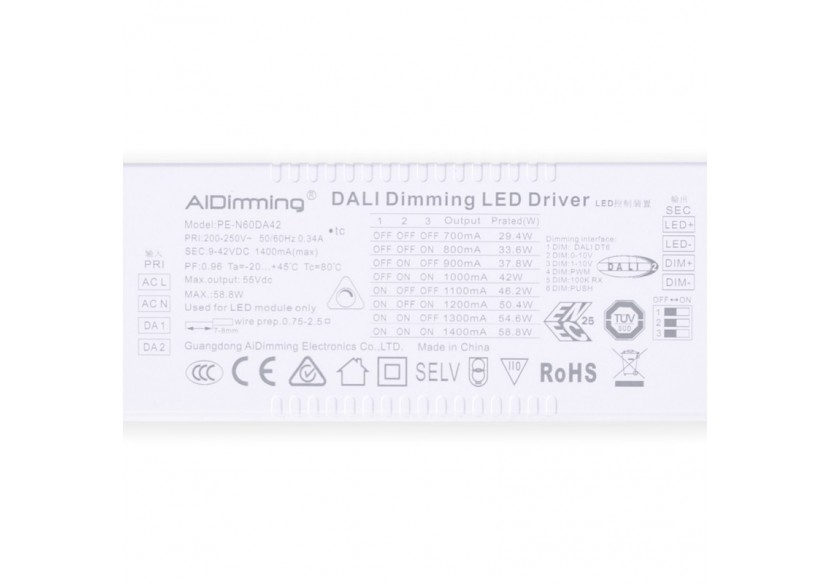 Driver dimmable par DALI + 1/0-10V + PUSH-9-42V DC-58W-Courant multiple (700-1400mA) - PE-N60DA42 - Barcelona LED