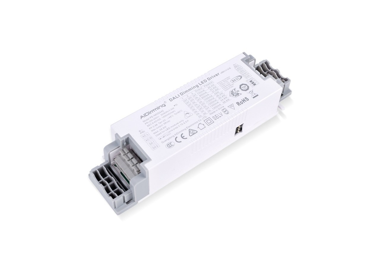 Driver dimmable par DALI + 1/0-10V + PUSH-9-42V DC-58W-Courant multiple (700-1400mA) - PE-N60DA42 - Barcelona LED