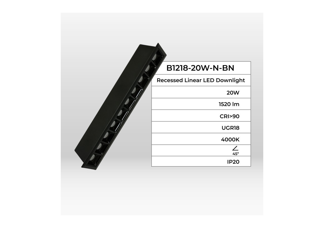 Spot linéaire LED encastré 20W-UGR18-IRC90-Puce OSRAM-Noir - B1218-20W-N-BN - Barcelona LED