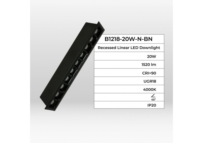 Spot linéaire LED encastré 20W-UGR18-IRC90-Puce OSRAM-Noir - B1218-20W-N-BN - Barcelona LED