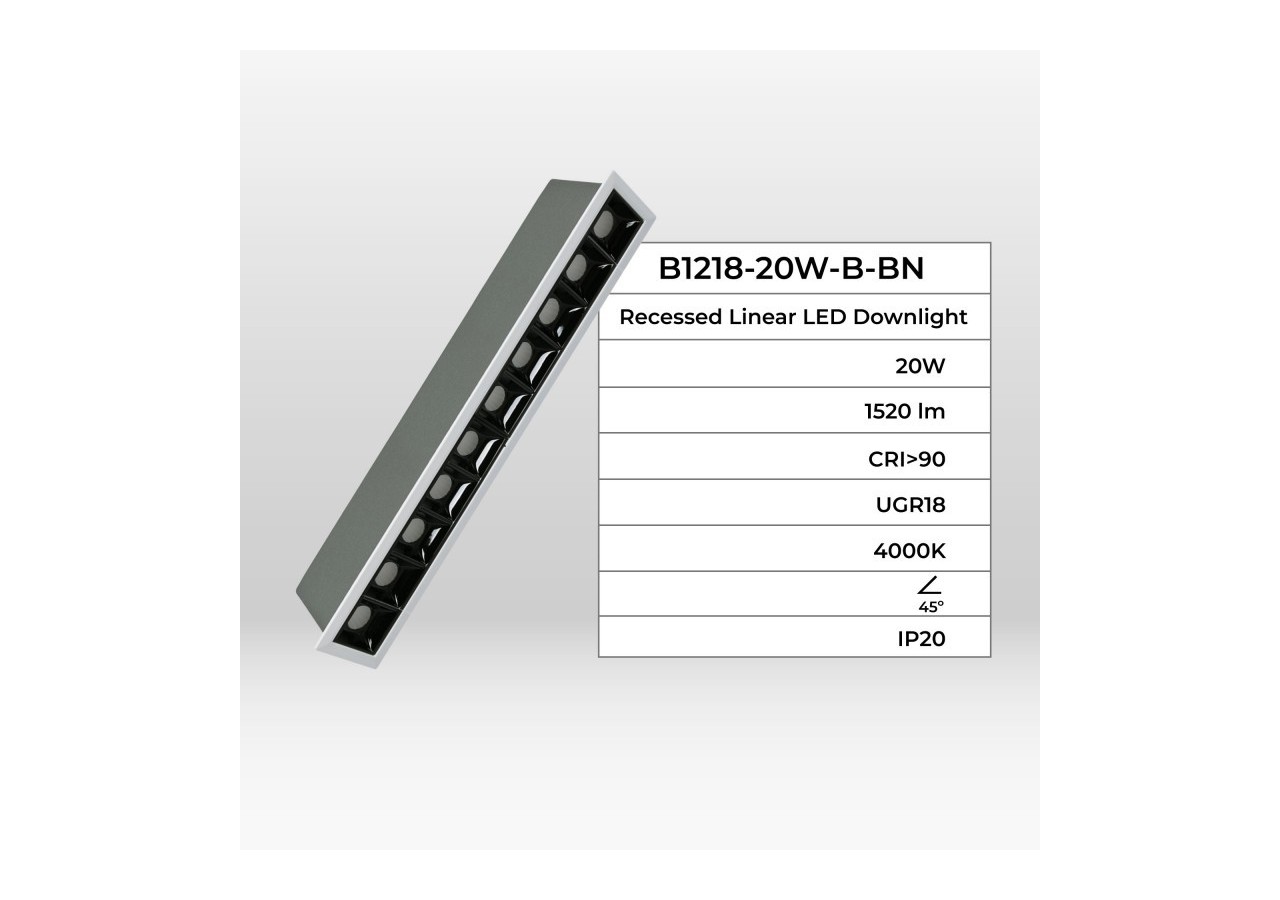 Spot linéaire LED encastré 20W-UGR18-IRC90-Puce OSRAM-Blanc - B1218-20W-B-BN - Barcelona LED