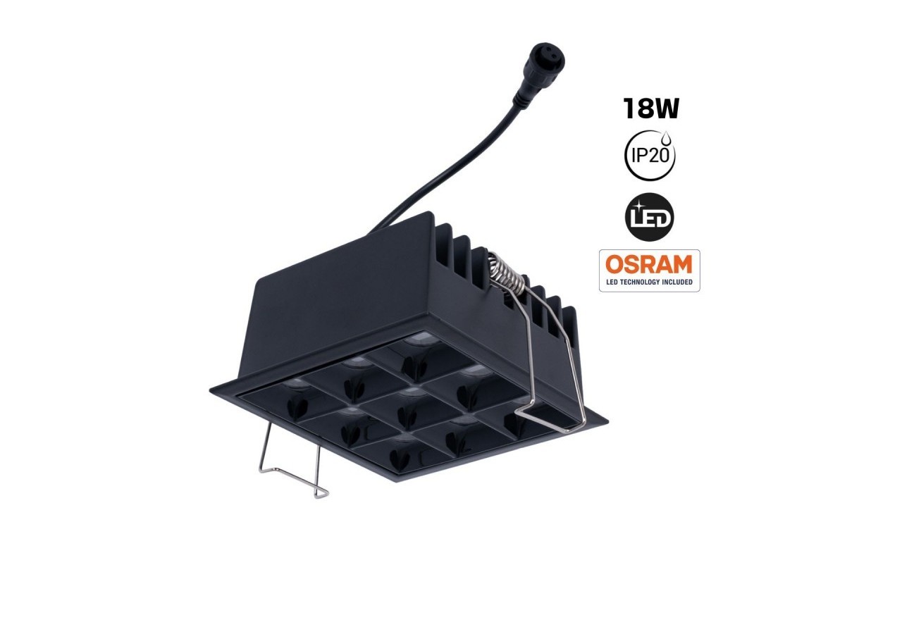 Spot LED encastrable carré 18W-9 lumières-UGR18-IRC90-Puce OSRAM-Noir - B1217-18W-N-BN - Barcelona LED