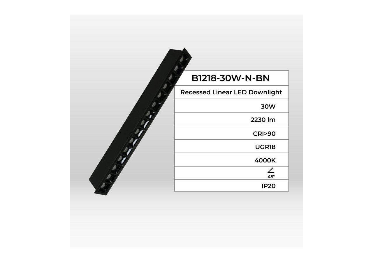 Spot linéaire LED encastré 30W-UGR18-IRC90-Puce OSRAM-4000K-Noir - B1218-30W-N-BN - Barcelona LED