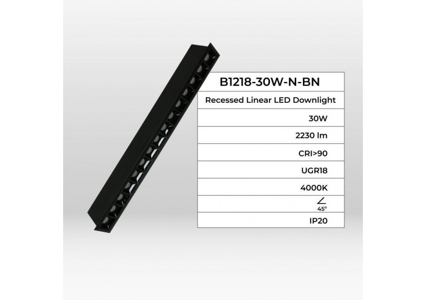 Spot linéaire LED encastré 30W-UGR18-IRC90-Puce OSRAM-4000K-Noir - B1218-30W-N-BN - Barcelona LED
